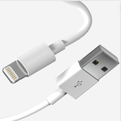 Close-up of a white USB to Lightning cable with USB and Lightning connectors visible against a grey background.