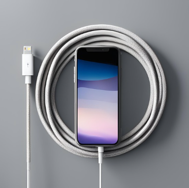 A smartphone with a colorful screen and a neatly coiled charging cable