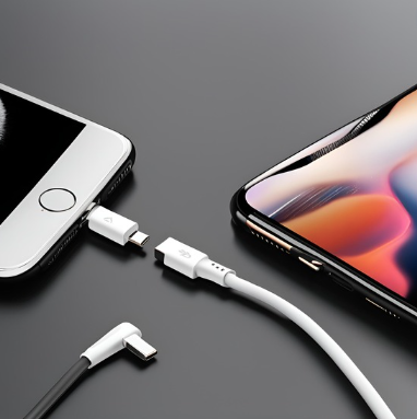 Two smartphones, one with a home button and one without, lying on a reflective dark surface with their charging cables unplugged and positioned in front of them.