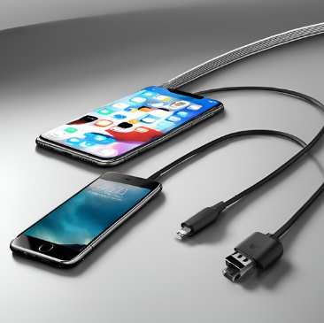 A USB cable connects two smartphones lying on a reflective surface. One smartphone is face-up, displaying colorful app icons, while the other is face-down, revealing its back panel. The image highlights technology, mobile devices, charging solutions, and data transfer methods.