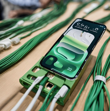 A USB cable connects two smartphones lying on a reflective surface. One smartphone is face-up, displaying colorful app icons, while the other is face-down, revealing its back panel. The image highlights technology, mobile devices, charging solutions, and data transfer methods.