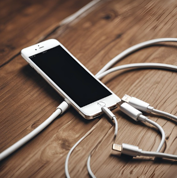 A smartphone lies on a wooden surface with its screen displaying the time ‘6:51’ and the date ‘Tuesday, 20.’ The smartphone is surrounded by multiple green cables that are neatly arranged and plugged into what appears to be a multi-port USB charging station. This image showcases a modern method of organizing and charging multiple devices simultaneously.