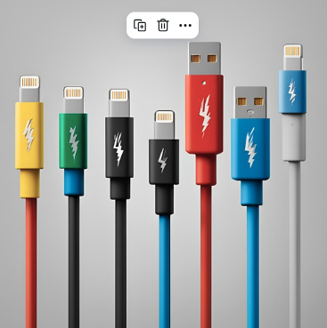 A variety of colorful iPhone cables with reinforced connectors, showcasing different color options and lightning bolt symbols to highlight their high-speed charging capabilities.