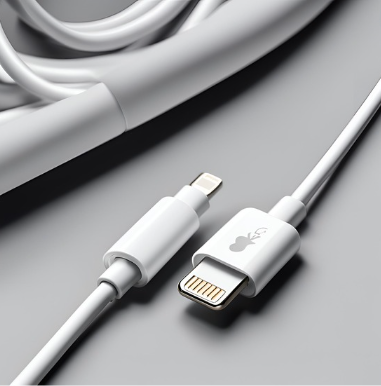 The image shows two cables against a grey background. One cable has a USB-C connector, and the other has an Apple Lightning connector. Both connectors are facing upwards, displaying their metallic contacts and the distinctive designs that differentiate them. The cables appear to be white and are likely associated with charging or data transfer for electronic devices. This image is relevant for distinguishing between different types of connectors used in modern electronics.