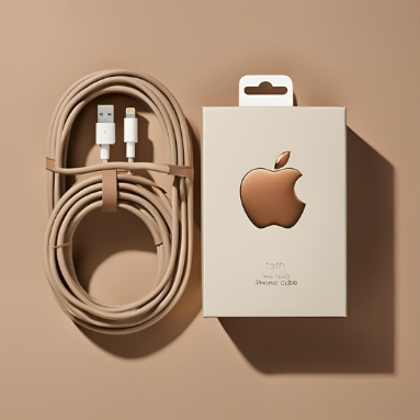 Neatly coiled beige Apple iPhone cable with packaging box featuring an embossed Apple logo and the text ‘iPhone cable’.