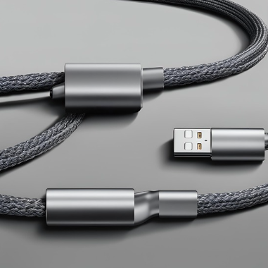 The image displays a USB cable with a braided design, featuring a USB Type-A connector on one end and what appears to be a USB Type-C connector on the other. Both connectors are unplugged and lie against a plain grey background. The metallic finishes on the connectors suggest a durable and modern design.