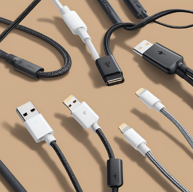 The image displays a collection of various cables and connectors against a beige background. Visible are USB Type-A, USB Type-C, and micro-USB connectors, some with braided cable covers and others with standard insulation. The arrangement of the cables creates an interesting pattern as they crisscross each other. This image is relevant for illustrating the common types of connectors used in electronic devices for charging or data transfer. It’s interesting because it showcases the evolution and diversity of cable design to accommodate different devices’ needs.