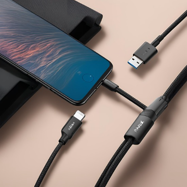 The image depicts a smartphone with a blue abstract wallpaper lying on a brown surface. It is connected to a black USB cable that splits into two additional connectors: one is a USB Type-C connector, and the other is an Apple Lightning connector. The split design indicates the cable’s compatibility with multiple device types.