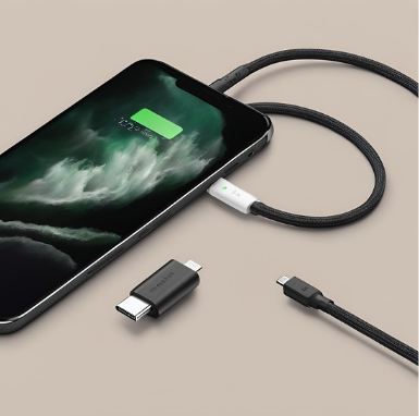 The image depicts a smartphone with a blue abstract wallpaper lying on a brown surface. It is connected to a black USB cable that splits into two additional connectors: one is a USB Type-C connector, and the other is an Apple Lightning connector. The split design indicates the cable’s compatibility with multiple device types.