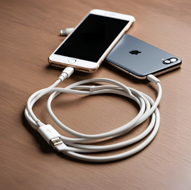 Two iPhones, one gold and one black, with white earphones and a charging cable on a wooden surface.