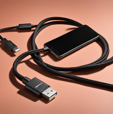 A smartphone connected to a USB cable with an additional disconnected USB-C adapter on a pink surface.