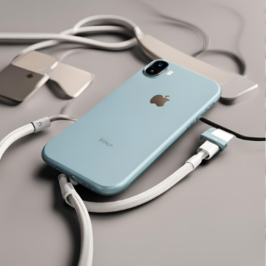 A blue Apple iPhone with a dual-camera system lying on a gray surface connected to white charging cables, alongside other tech accessories.