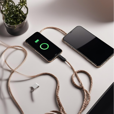 A modern smartphone is connected to a charging cable with a braided texture, lying on a smooth surface next to another smartphone. The screen of the charging phone displays a large green battery icon with the number 80% in the center, indicating the current charge level. The arrangement is set against a neutral background with soft lighting that casts gentle shadows, and there’s a potted plant and part of a laptop keyboard in the frame, suggesting an office or home setting.