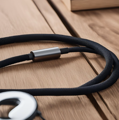 Close-up of a black fabric-covered cable with an inline cylindrical control unit on a wooden surface, near an out-of-focus white headphone.