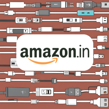 A pattern of various USB cables and connectors on a brown background with the Amazon.in logo centered in a white oval.