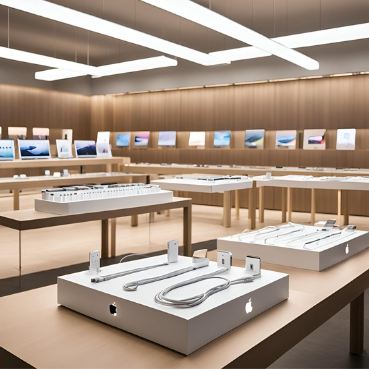 Interior of an Apple Store featuring a display of iPhone cables on tables. The store has a minimalist design with wooden tables and bright lighting. Various Apple products are visible in the background, including laptops and tablets displayed on shelves along the walls.