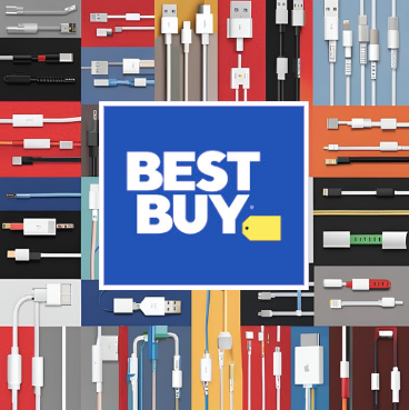 Best Buy logo in the center of an image featuring a variety of electronic cables. The cables are displayed against a colorful background, showcasing different types, including USB, HDMI, and Lightning cables. The Best Buy logo is prominently displayed, indicating the store's association with these products.