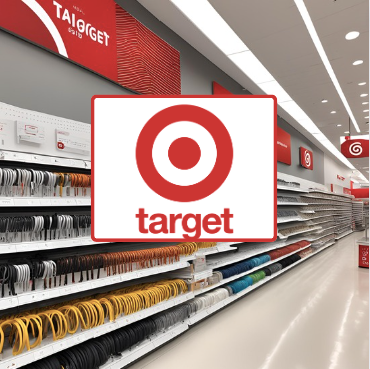 Target logo centered in an image showing an aisle inside a Target store. The aisle is well-organized with shelves stocked with various electronic cables, including HDMI, USB, and power cords. The background features Target's distinctive red and white branding, with the logo appearing prominently above the shelves.