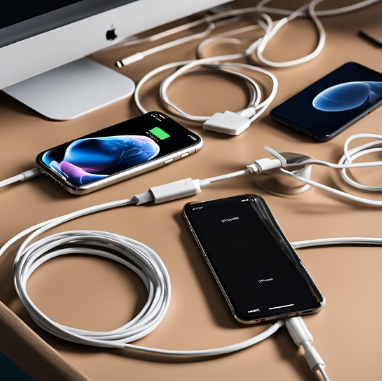 The image displays a modern, cluttered desk with multiple electronic devices and accessories. In the center, there is an iPhone with a blue wallpaper on its screen, connected to a white charging cable indicating it’s charging with a green battery icon. To the left of this iPhone, there’s another smartphone face down connected to a white cable and an adapter labeled ‘Belkin.’ Above these devices, there’s an iMac with part of its screen visible showing a blurred image. Scattered around are several coiled and uncoiled white cables and chargers. The desk surface is wooden, and the overall color scheme of the devices and accessories is white, contrasting with the dark-colored smartphones.