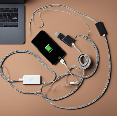 A smartphone being charged by a power bank connected to a laptop via multiple intertwined cables on a brown surface.