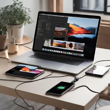 A smartphone being charged by a power bank connected to a laptop via multiple intertwined cables on a brown surface.