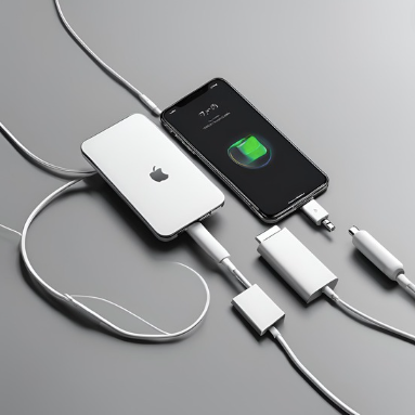 A black iPhone and a white power bank connected with white charging cables on a grey background, displaying the charging icon on the iPhone’s screen.