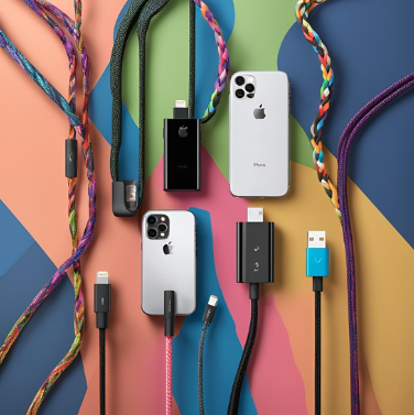 Colorful braided cables and USB connectors arranged around two smartphones with dual-camera features on a geometric background.