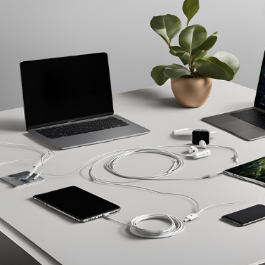 Modern workspace with a closed laptop, smartphone, earphones, and iPhone accessory upgrades on a desk, including charging cables and a potted plant.