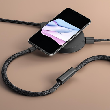 Smartphone with colorful abstract wallpaper on a wireless charging pad, featuring a braided cable.