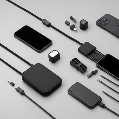 Neatly organized array of smartphones, cables, earbuds, and adapters, featuring iPhone accessory upgrades on a flat surface.