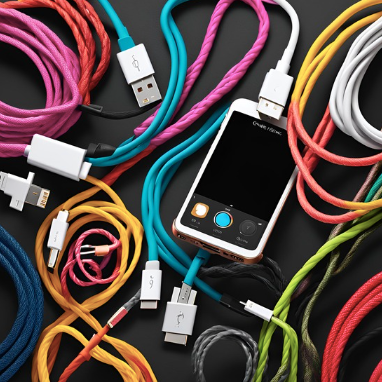 Colorful USB cables surrounding a white smartphone on a dark background, representing iPhone accessory upgrades.