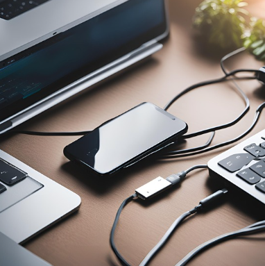 Smartphone connected to a laptop with a USB cable on a wooden desk, including iPhone accessory upgrades like charging cables, a wireless keyboard, and a potted plant.