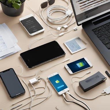 Variety of electronic devices including smartphones, a laptop, earphones, and iPhone accessory upgrades like charging cables neatly arranged on a brown desk with a potted plant.