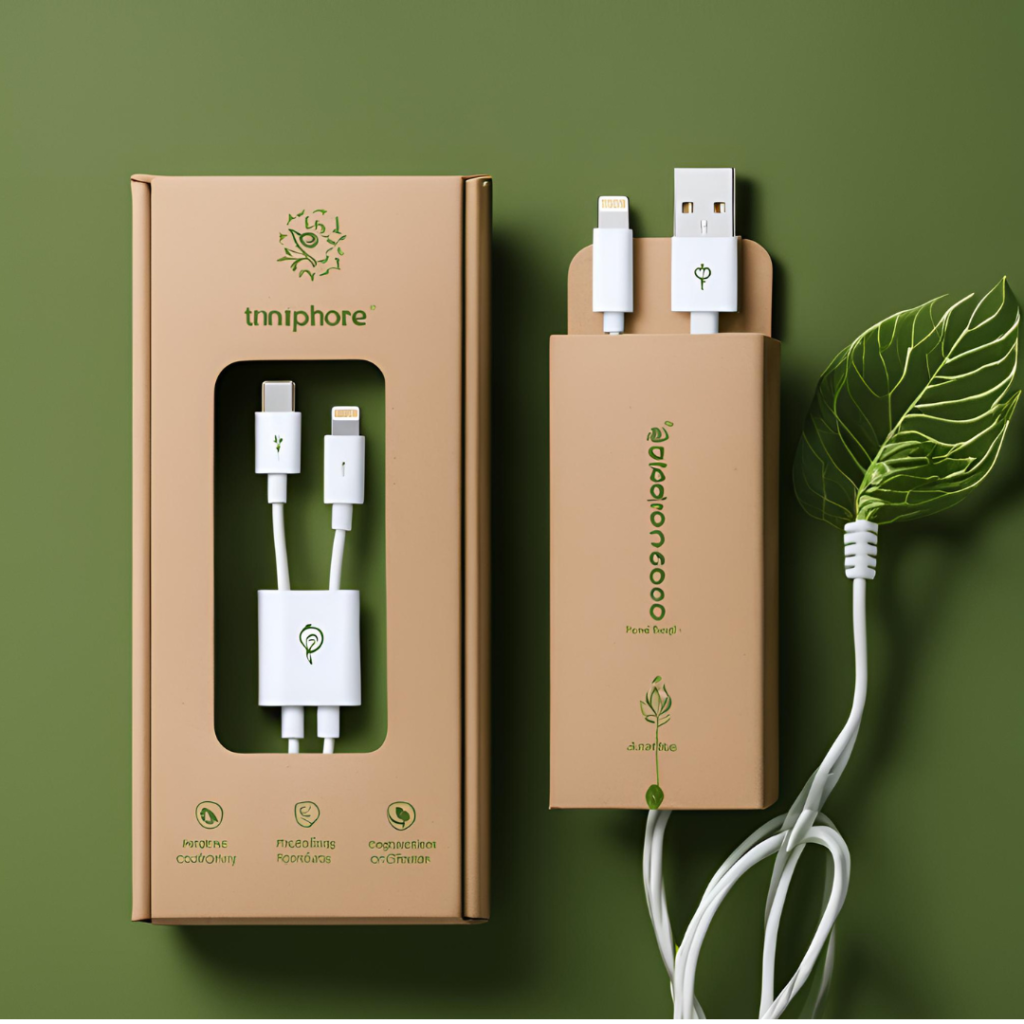 Eco-friendly product packaging and USB cable set on a green background – iPhone Cable Buying Guide