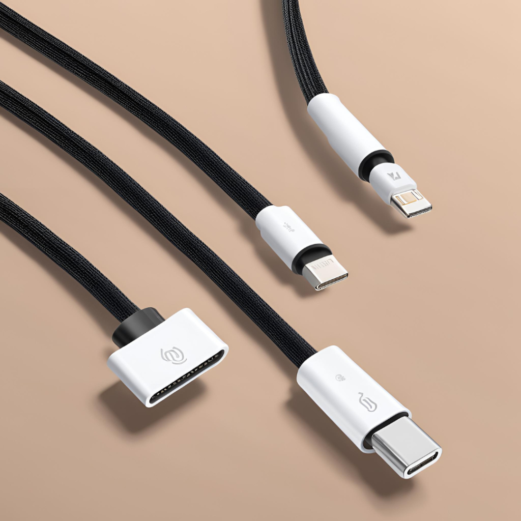 Four different types of USB cables with various connectors laid out diagonally on a plain beige background.