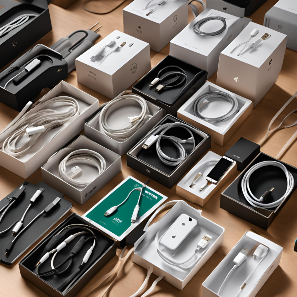 An assortment of neatly organized electronic accessories, including various cables, chargers, adapters, and earphones, displayed in open black boxes on a beige surface.