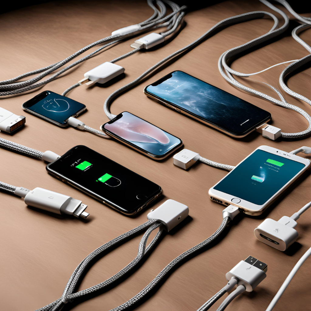 A variety of smartphones connected to multiple charging cables on a wooden surface, indicating a common modern need for constant device charging and connectivity.