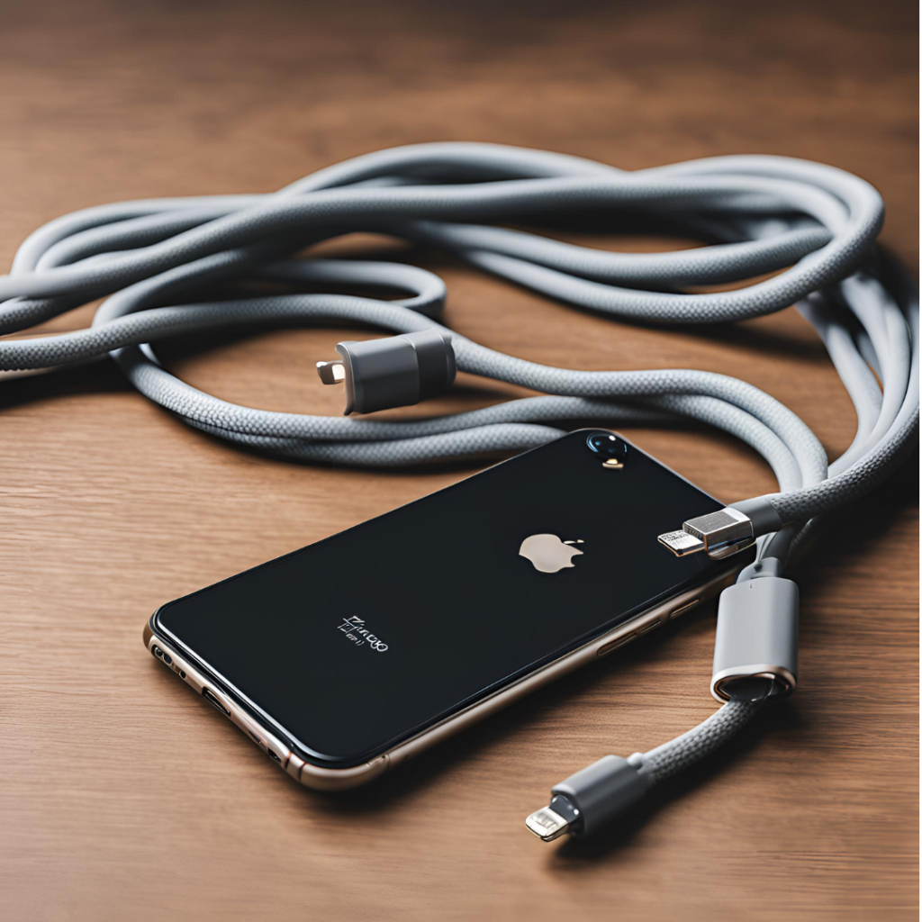 A black iPhone with a dual camera lies on a wooden surface, connected to a grey braided USB cable. Another similar disconnected cable is also visible in the frame.