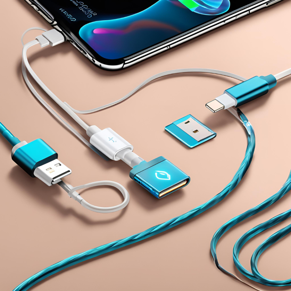 A collection of turquoise and white charging cables and adapters for electronic devices, neatly arranged on a brown surface with a smartphone displaying a colorful screen graphic in the background.