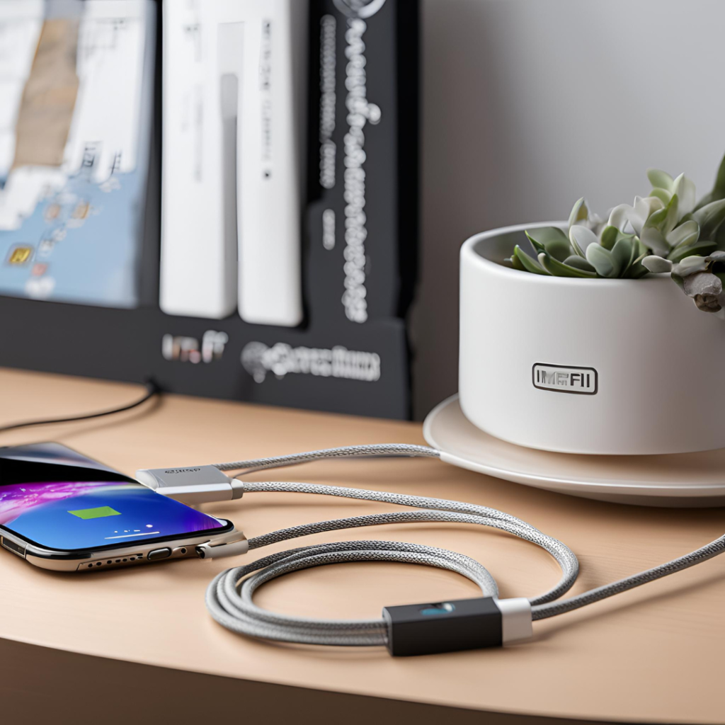 A smartphone connected to a charger on a wooden desk with books and a potted plant in the background.