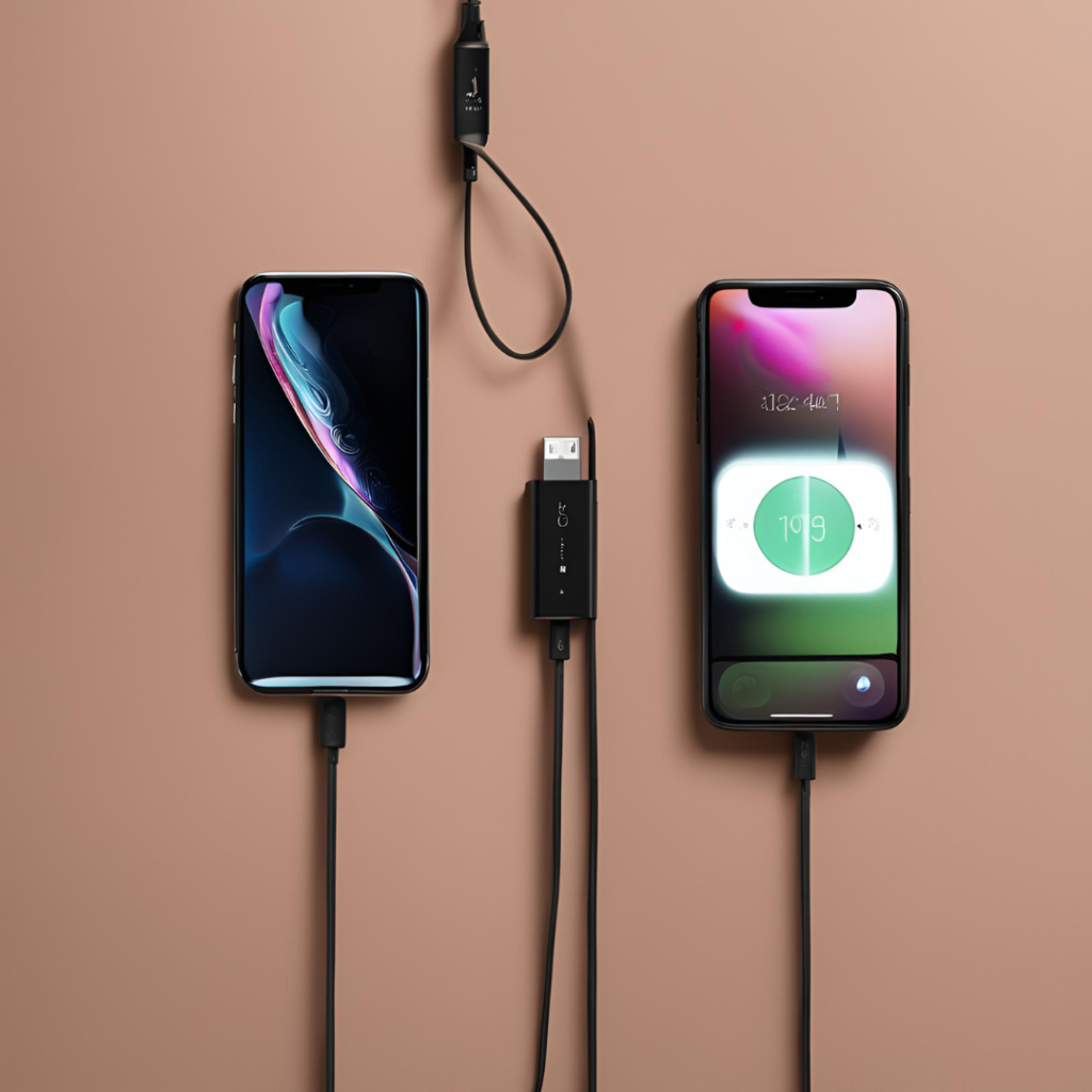 Two smartphones charging side by side, showing their screens and wallpapers, connected to iPhone cables plugged into a USB hub.