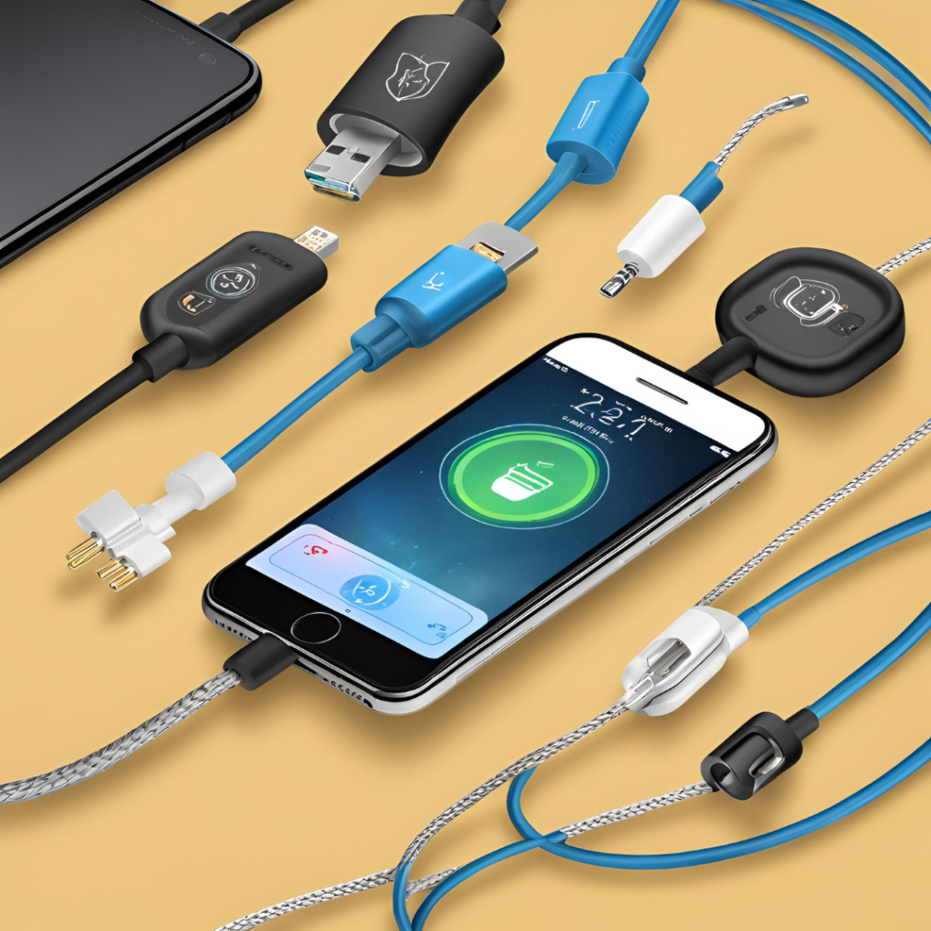 Various electronic devices highlighting iPhone cable benefits on a beige background, including a smartphone with a charging icon, USB cables, earphones, and a power bank.