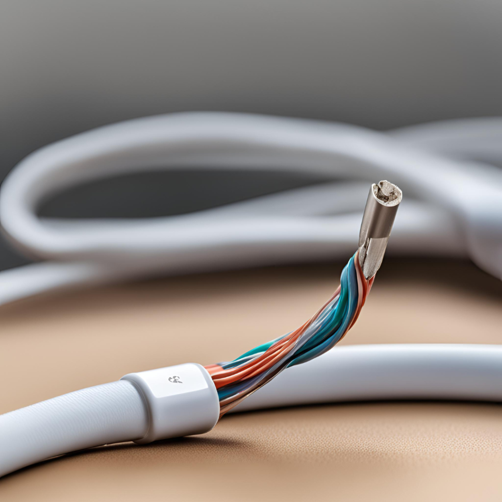 Close-up of a frayed charging cable with exposed multicolored wires on a beige surface.