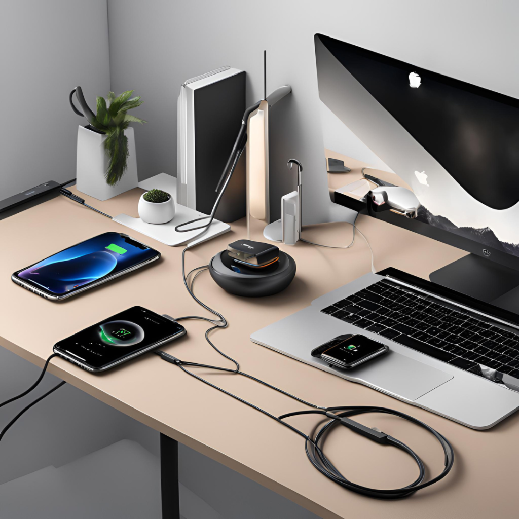 Modern workspace showcasing iPhone cable benefits with multiple electronic devices, including a laptop, desktop, smartphones, external hard drives, and iPhone cables on a wooden desk, featuring a potted plant.