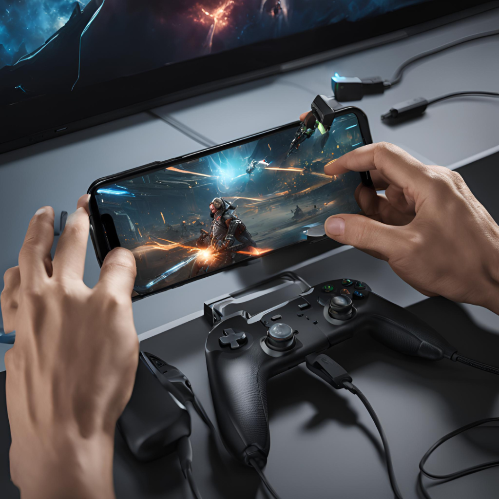 A person’s hands holding a smartphone with a game graphics on the screen, connected to a gaming controller, with a blurred monitor in the background displaying similar game visuals.