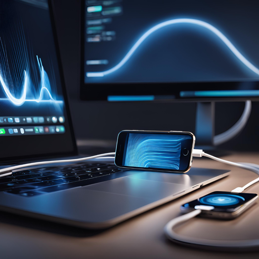 A smartphone connected to a laptop with a high-quality iPhone cable for gaming, both screens displaying matching blue waveforms, with wireless earbuds on the laptop in a dark setting with ambient blue lighting.