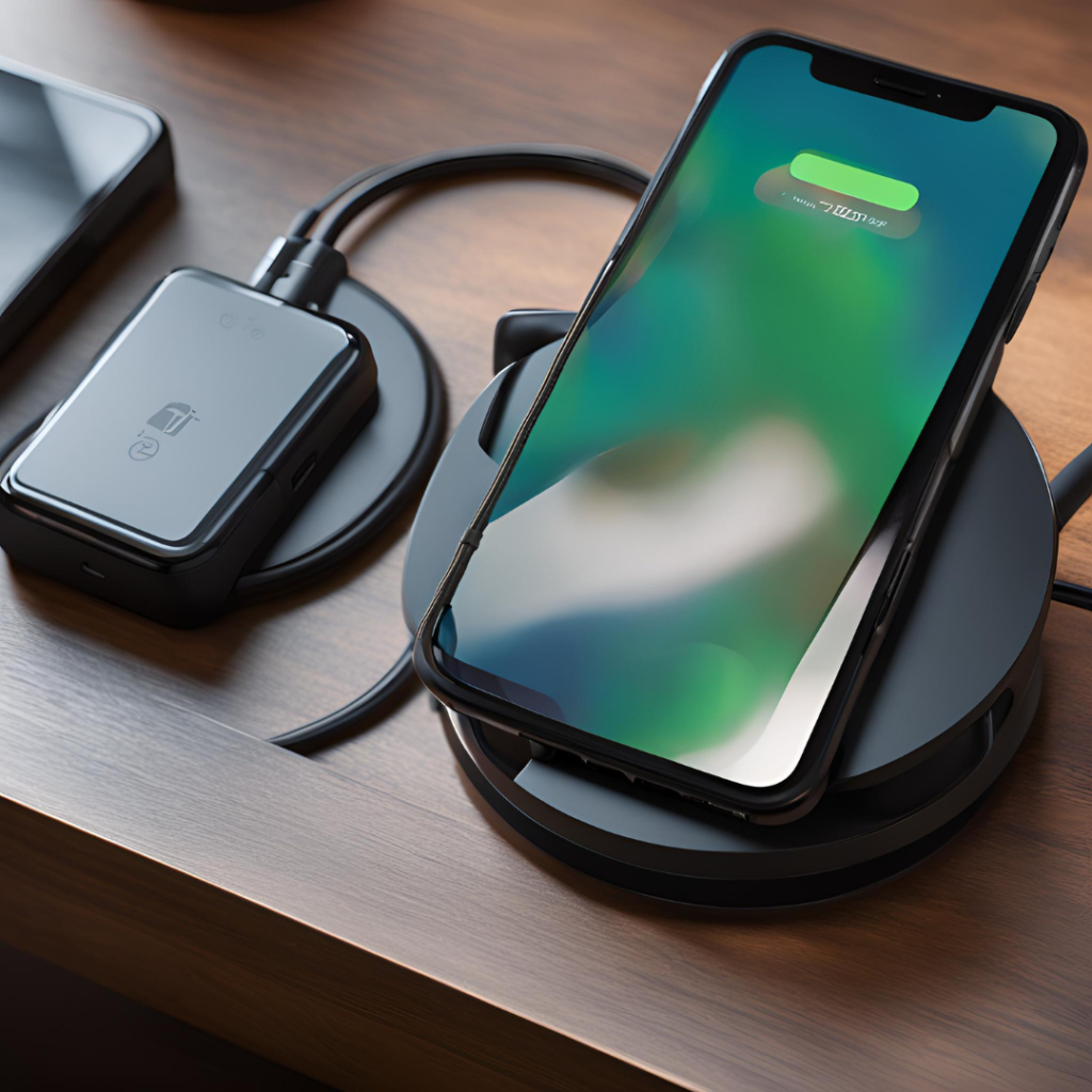 A smartphone on a wireless charging stand displaying a battery charging icon with percentage, next to another device and a wallet on a wooden surface.