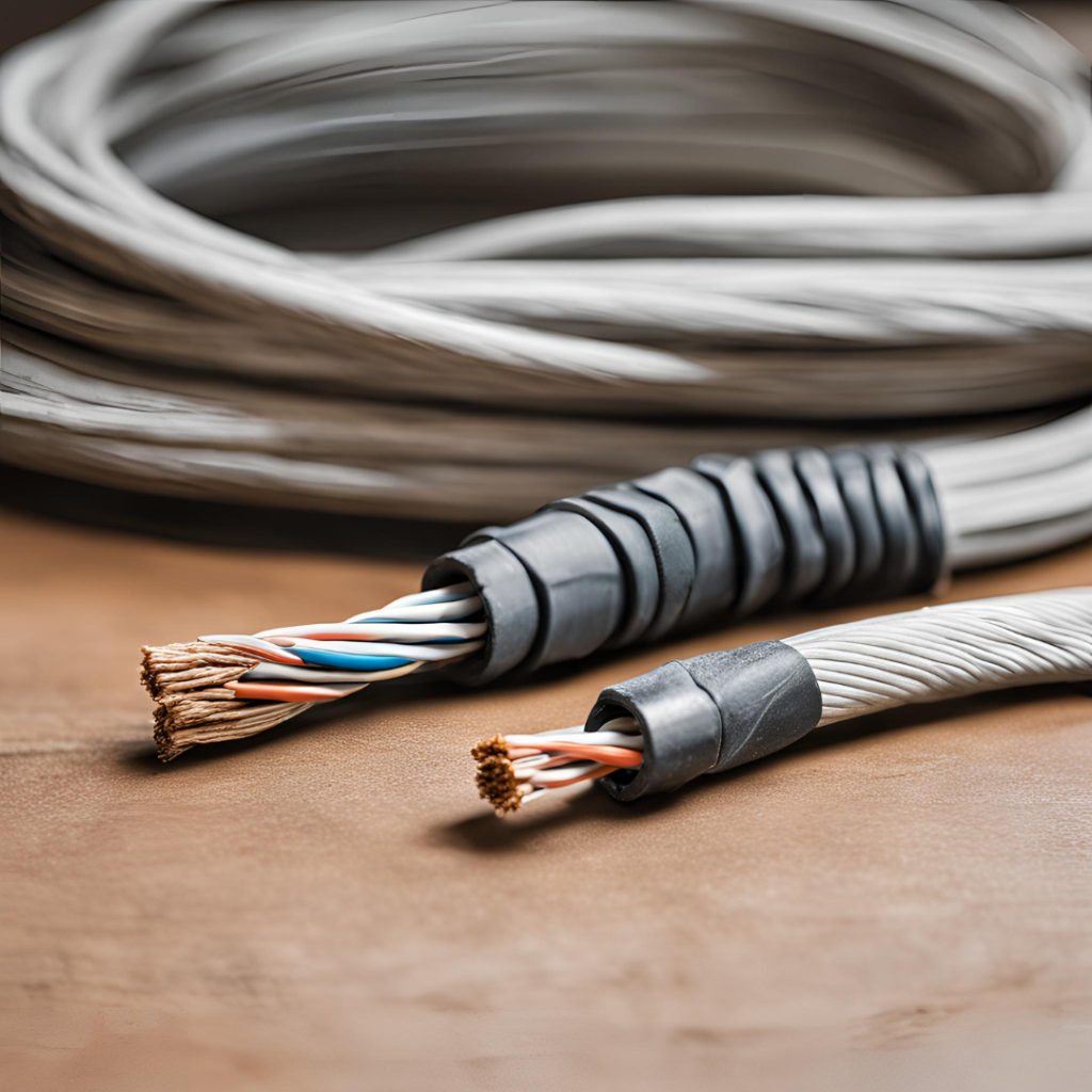 Close-up of a coiled high-quality iPhone cable for gaming with exposed ends on a wooden surface.