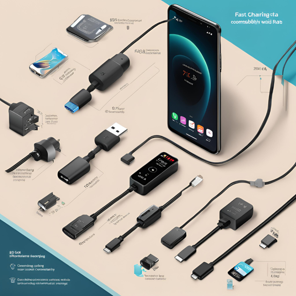 Modern charging solutions including a smartphone with ‘Fast Charging’ on the screen, USB cables, adapters, a power bank, earbuds in a case, and various connectors, showcasing features like compact design and high power delivery.