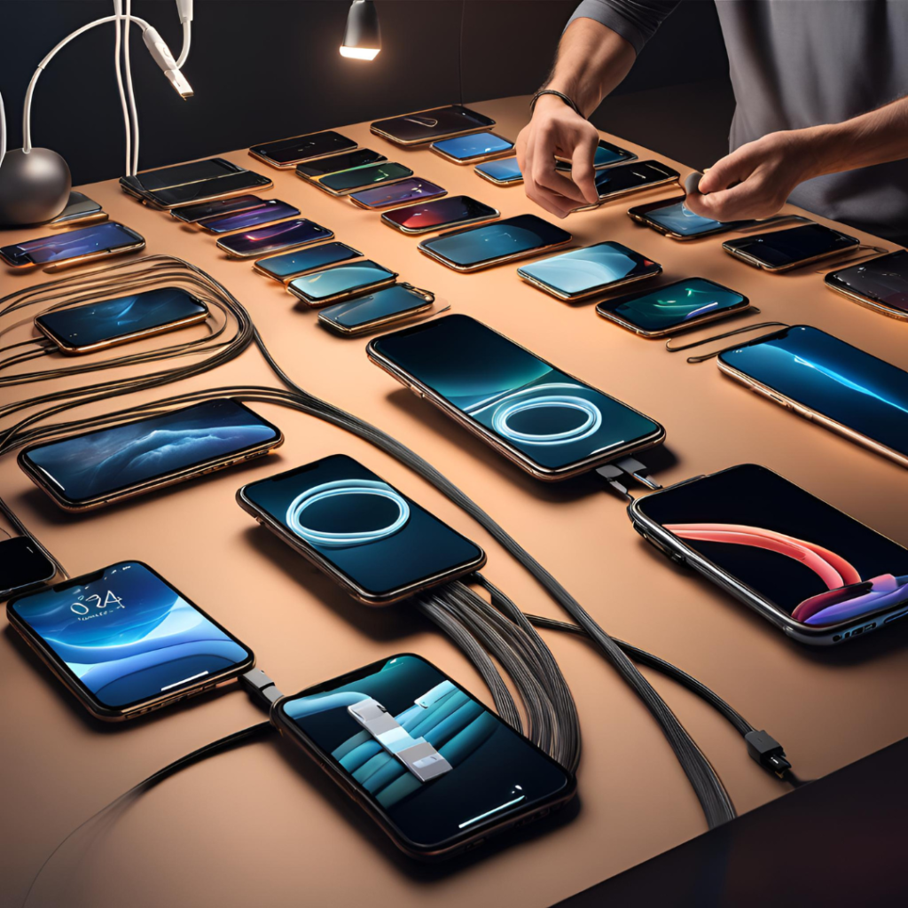 A collection of smartphones laid out on a table, each connected to a charging cable, with hands arranging the cables neatly.